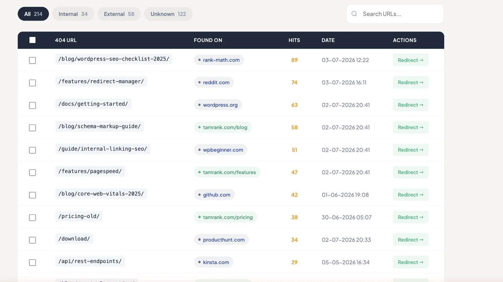 TamRank 404 monitor with source tracking showing where each broken link was found, internal or external