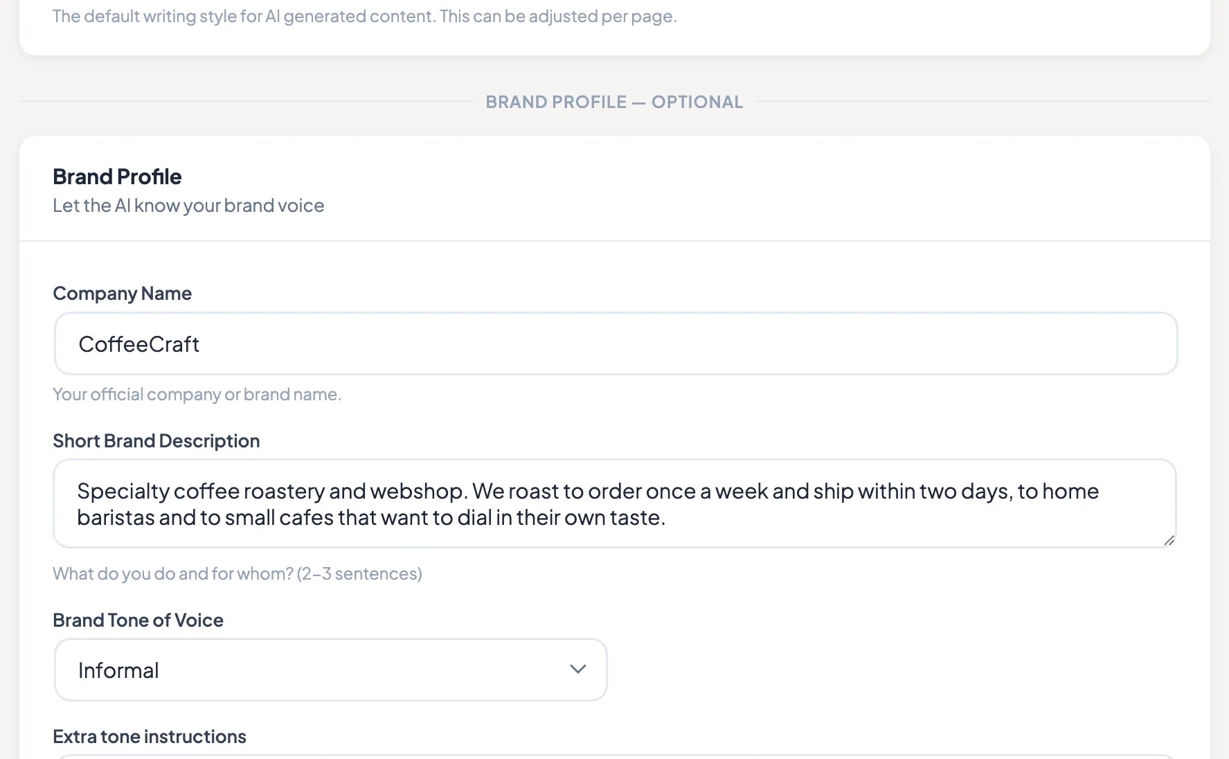 TamRank AI brand profile in WordPress with company description, tone of voice and words for the AI to avoid