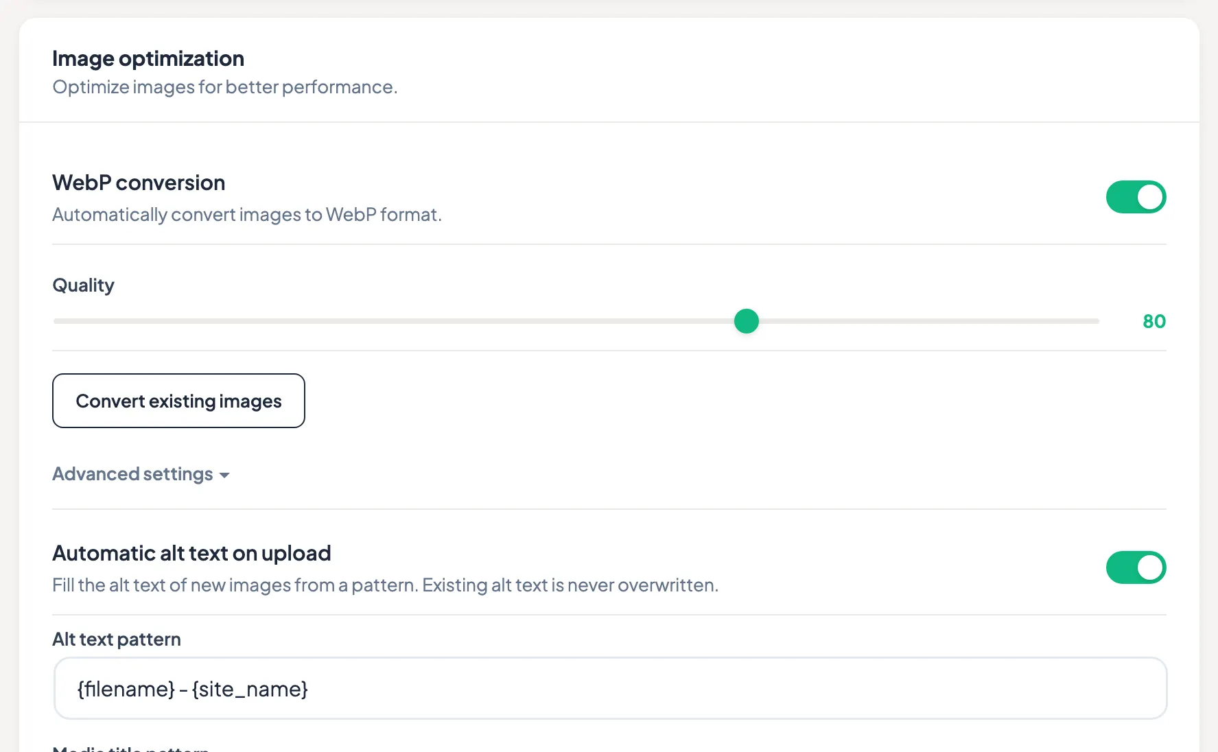TamRank image optimization settings in WordPress with WebP conversion, a quality slider and automatic alt text