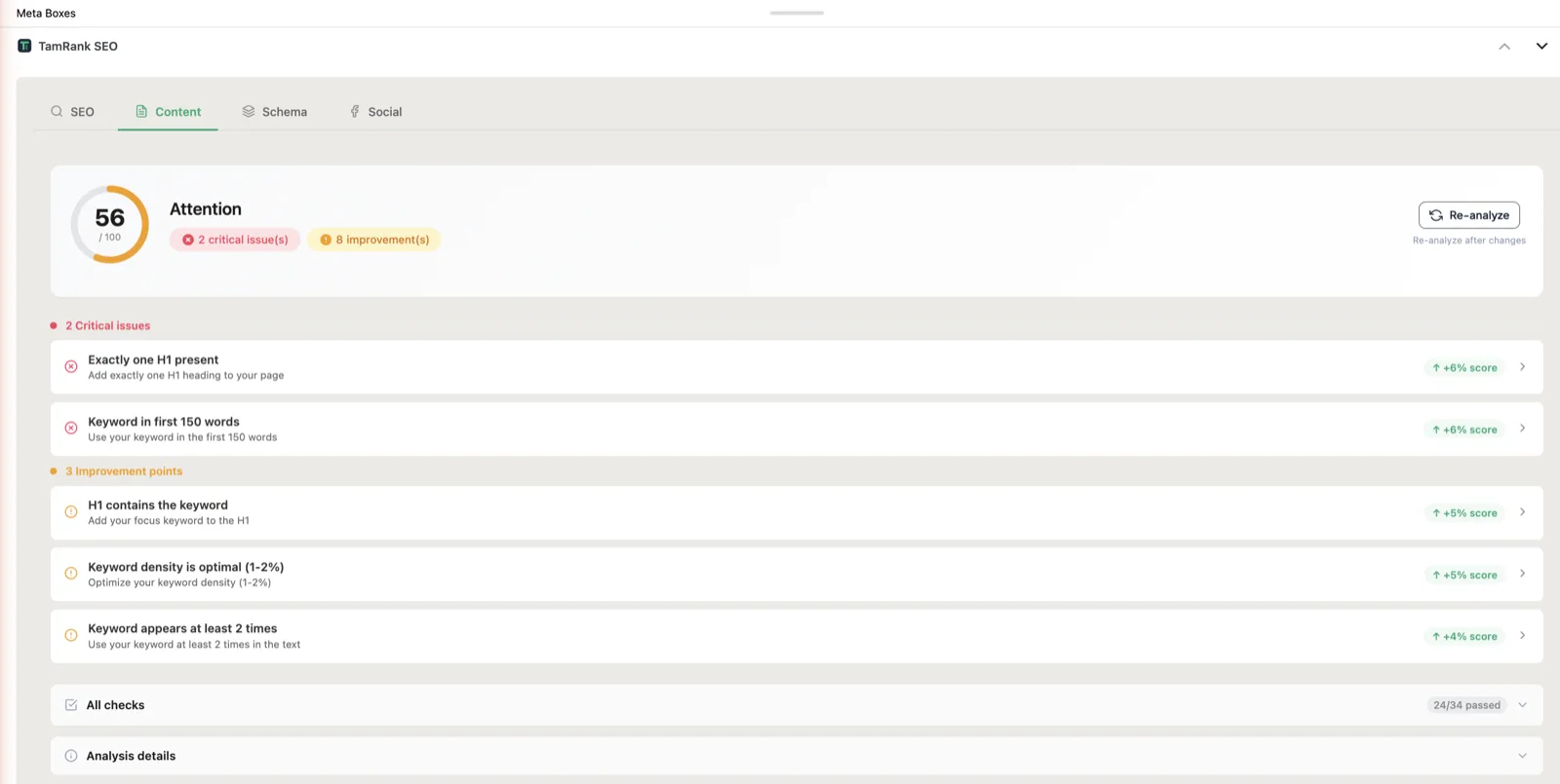 TamRank content analysis SEO score in the WordPress editor with critical issues and one-click fixes
