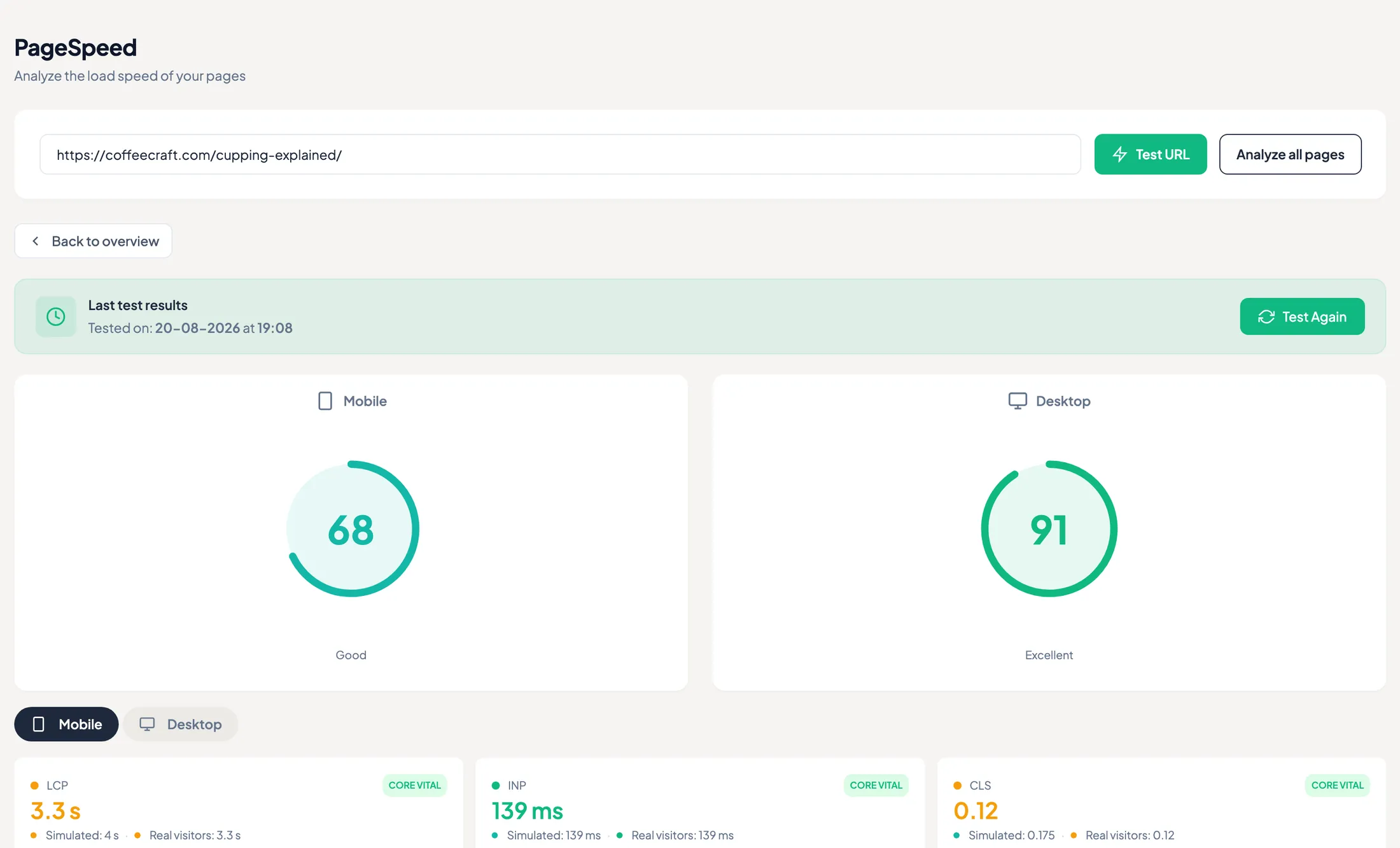 TamRank PageSpeed report in WordPress with a mobile and desktop score and LCP, INP and CLS showing the simulated value next to the real-visitor value