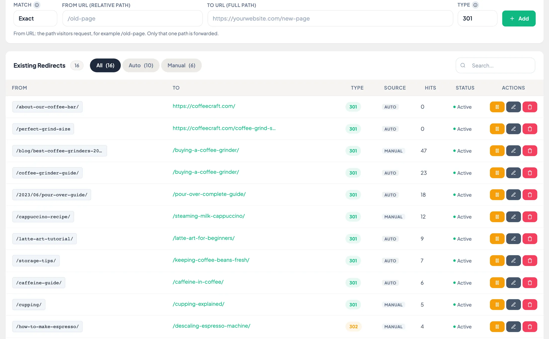 TamRank Redirect Manager in WordPress listing 301 redirects with their source, hit counts and automatic or manual origin