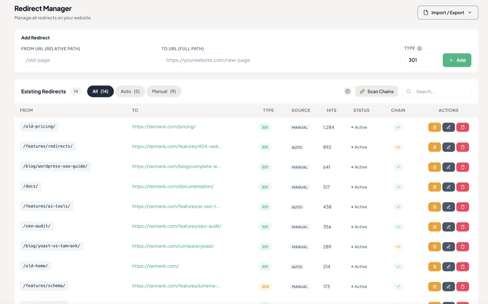 TamRank Redirect Manager in WordPress with 301 redirects, hit statistics and chain detection
