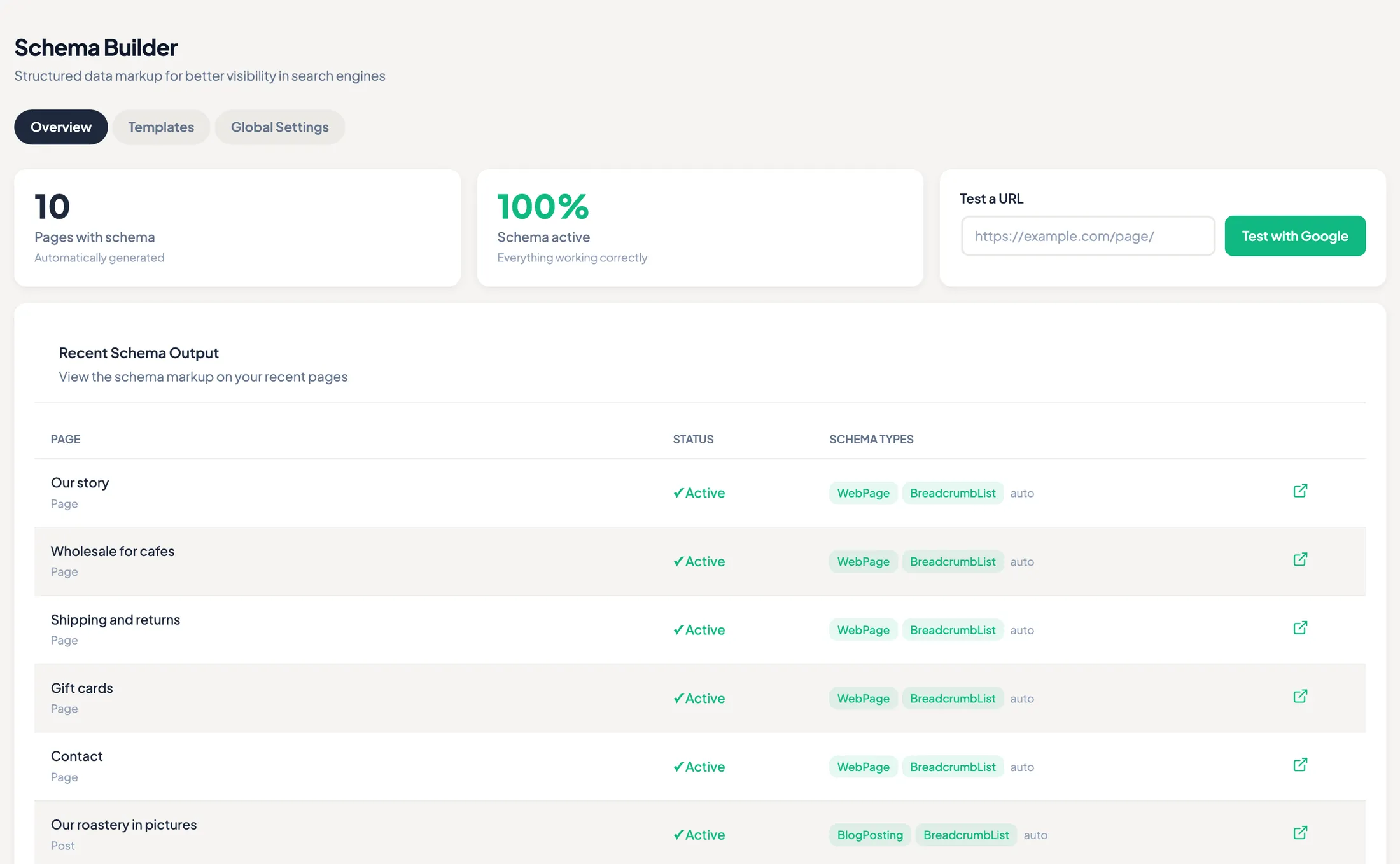 TamRank Schema Builder in WordPress showing schema status per page with active WebPage and BreadcrumbList markup