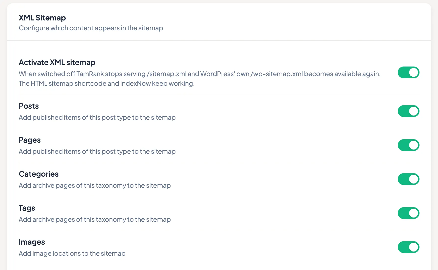 TamRank XML sitemap settings in WordPress with a toggle per post type, taxonomy and image locations