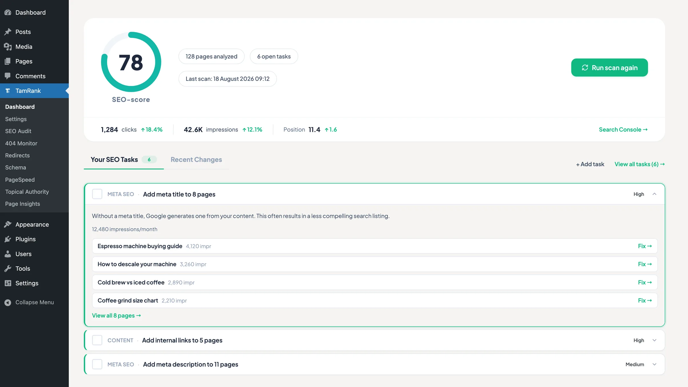 The TamRank dashboard in WordPress: an SEO score of 78, clicks, impressions and position from Search Console, and a list of SEO tasks with the pages each one affects.