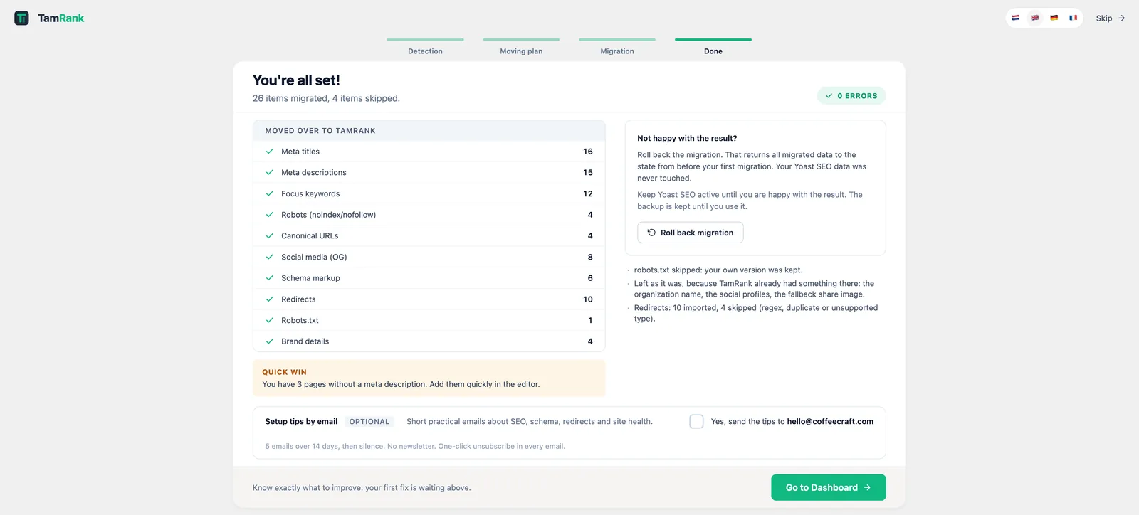 The wizard's Done step: 'You're all set!', 26 items migrated, 4 items skipped, a 0 errors badge, the category list with counts, and a 'Roll back migration' button under the heading 'Not happy with the result?'.