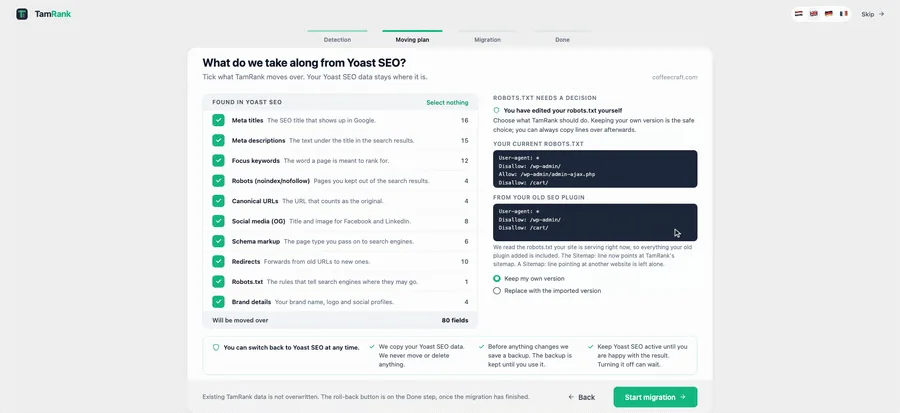 The migration wizard's moving plan: ten categories found in Yoast SEO with their counts, a total of 80 fields, the robots.txt choice, and four promises along the bottom.