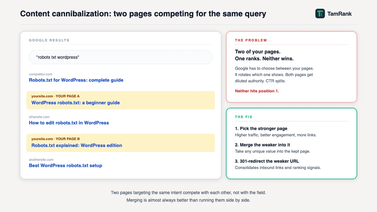 Mock Google SERP with two pages from the same site highlighted in yellow, both ranking for the same query, plus an explanation panel