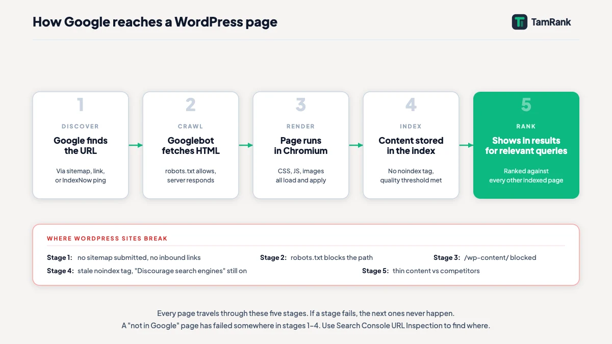 A flow diagram showing the three stages of Google's pipeline: crawl, index, rank, with what can go wrong at each stage