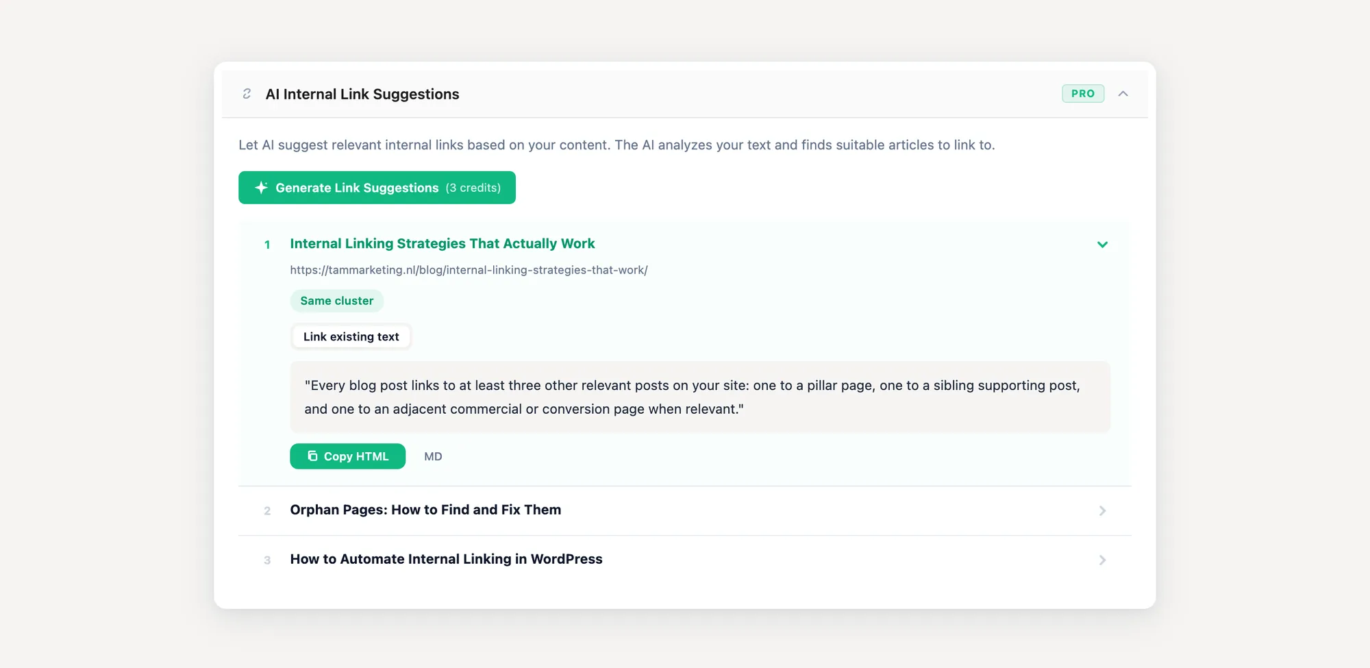 TamRank AI Internal Link Suggestions panel in the WordPress editor proposing internal links with anchor text and snippets for the writer to approve