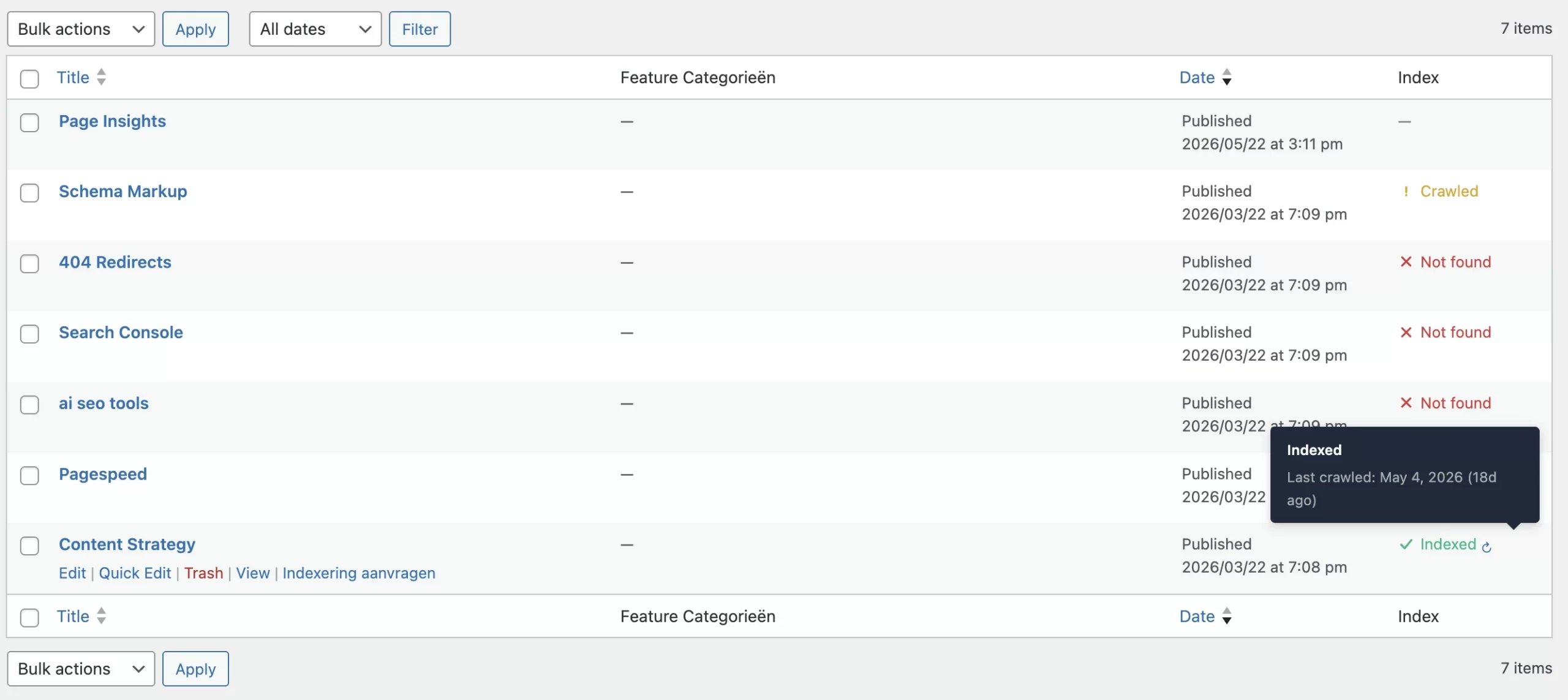 TamRank Index Monitor column in the WordPress posts list showing Indexed, Crawled and Not found labels per post