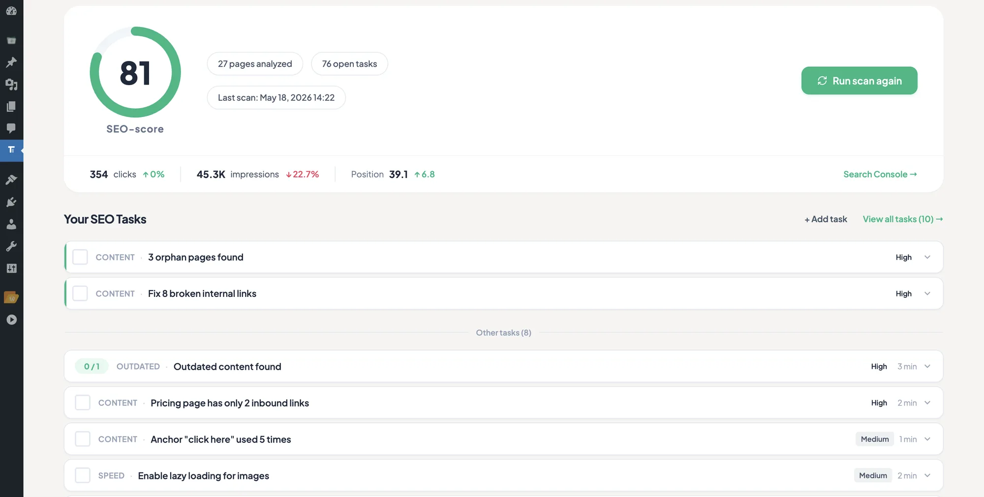 TamRank Priority Actions Dashboard showing internal linking issues ranked by traffic impact: orphan pages, broken internal links, and under-linked commercial pages at the top