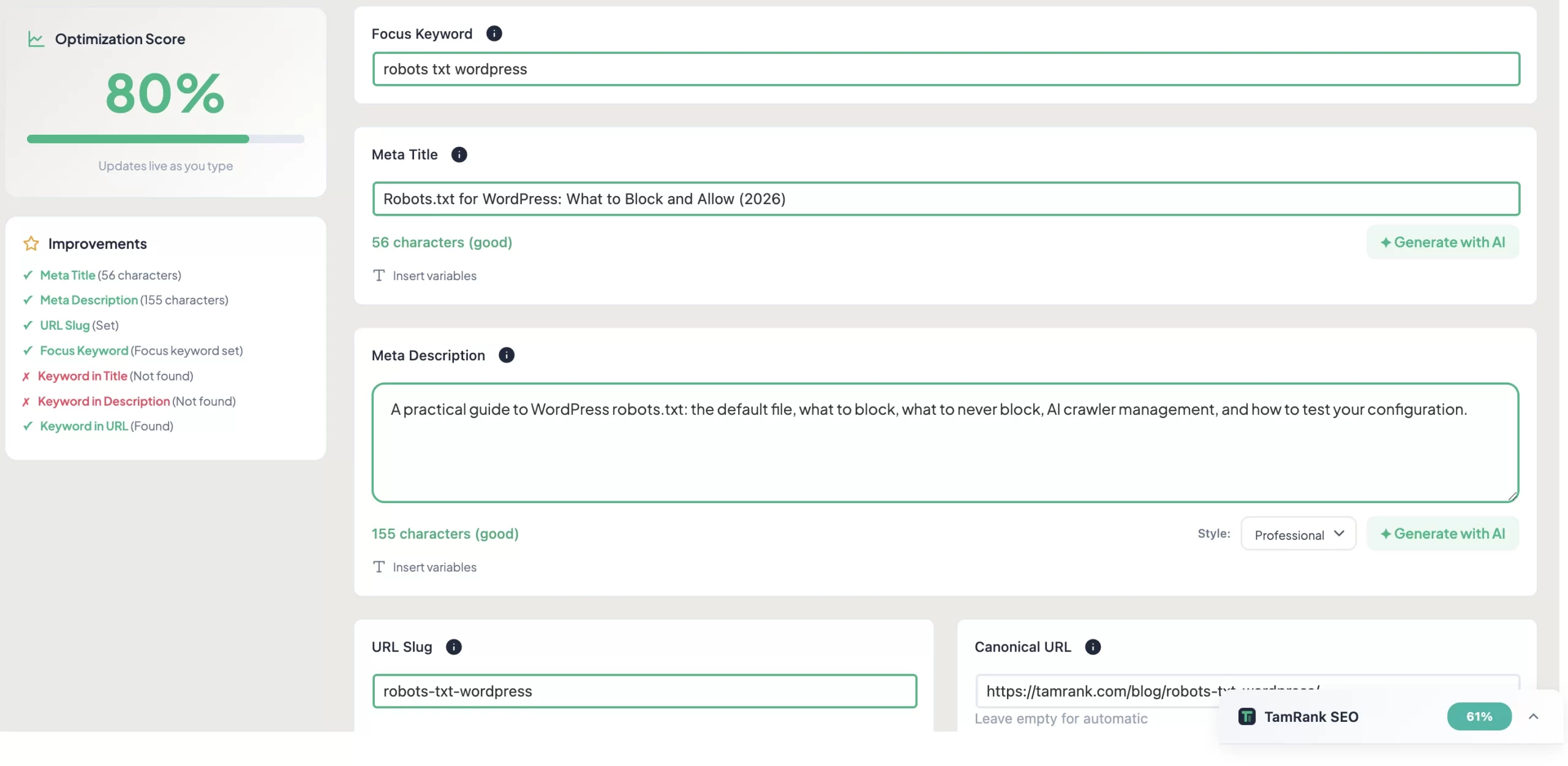 TamRank's Meta Editor showing the Focus Keyword field set to a specific long-tail keyword, with an 80% Optimization Score and improvements checklist