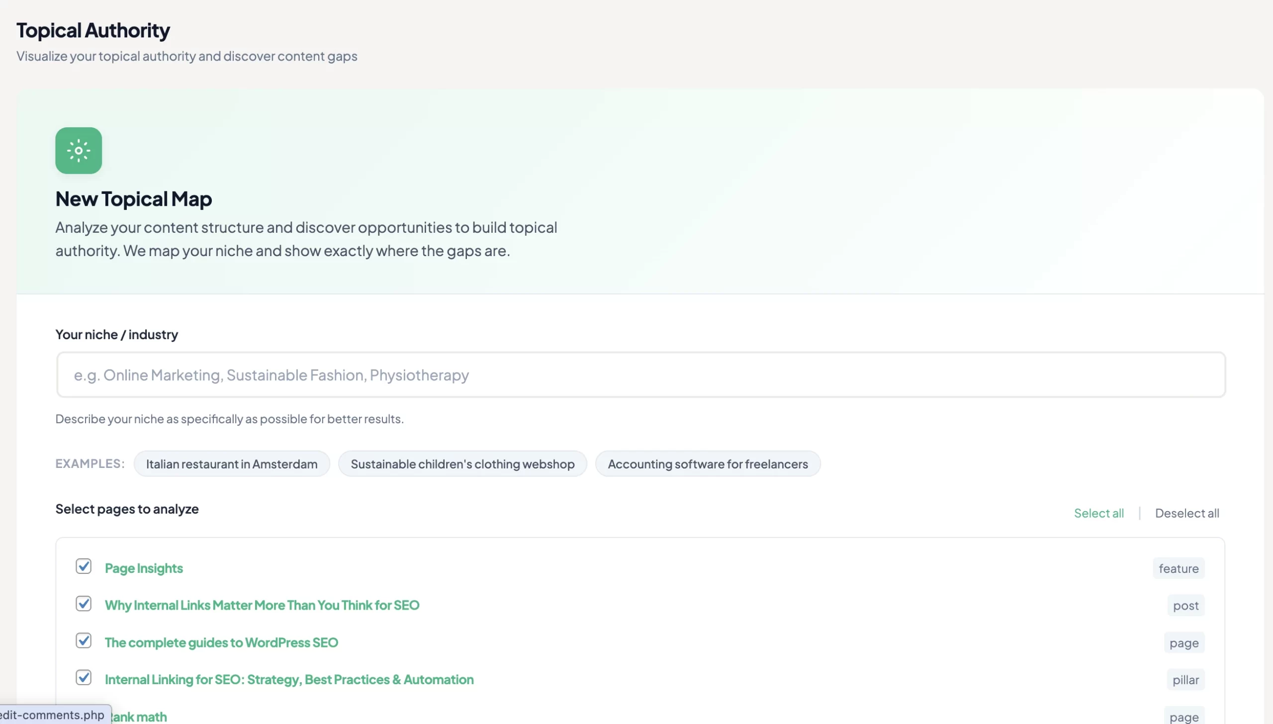 TamRank Topical Map interface for analysing site content structure and finding topical opportunities