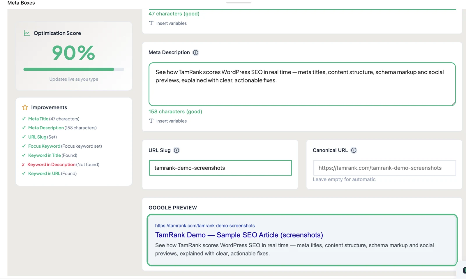 Meta title and description editor with Google search preview in TamRank
