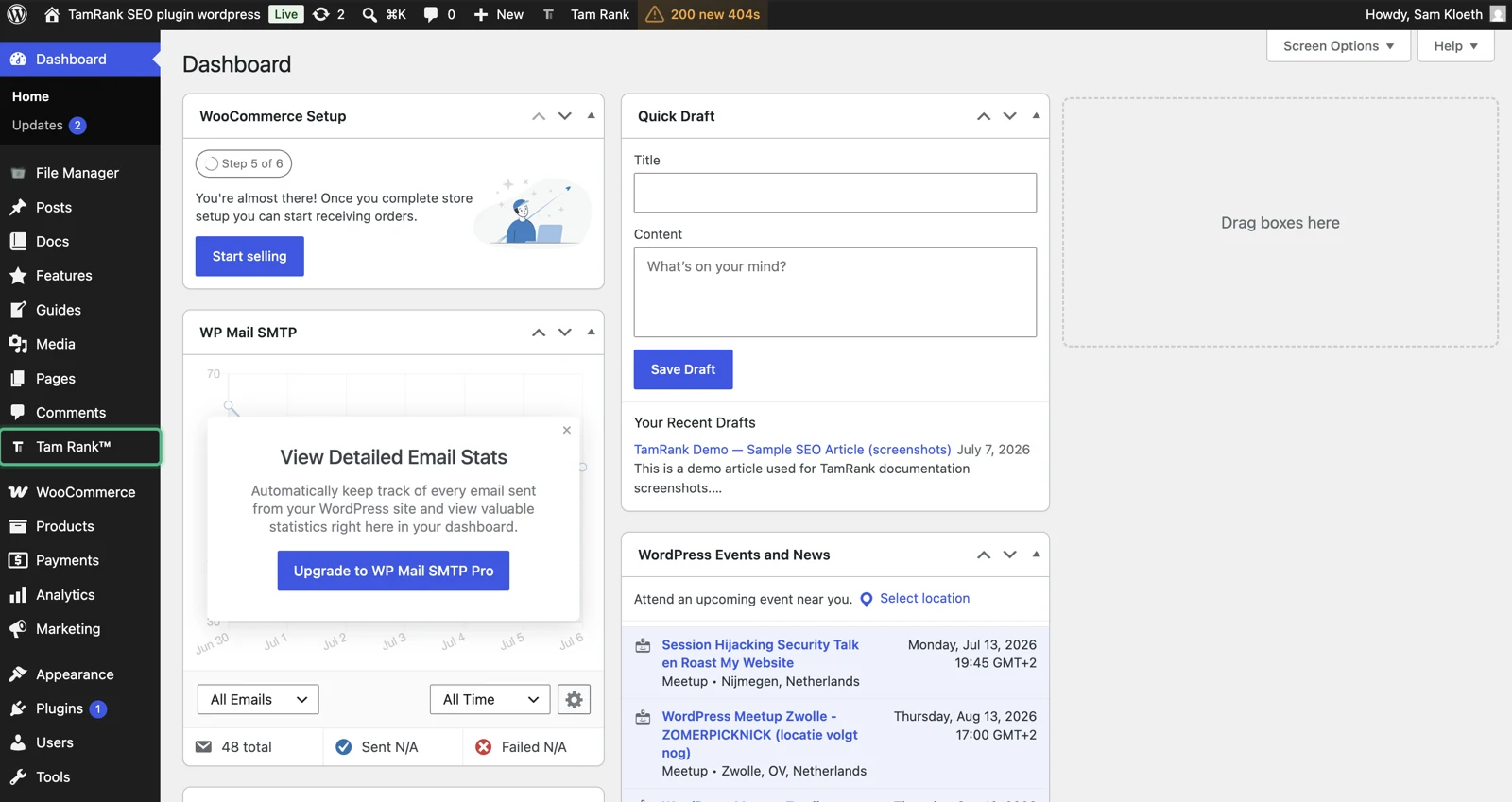 TamRank SEO menu in the WordPress admin sidebar