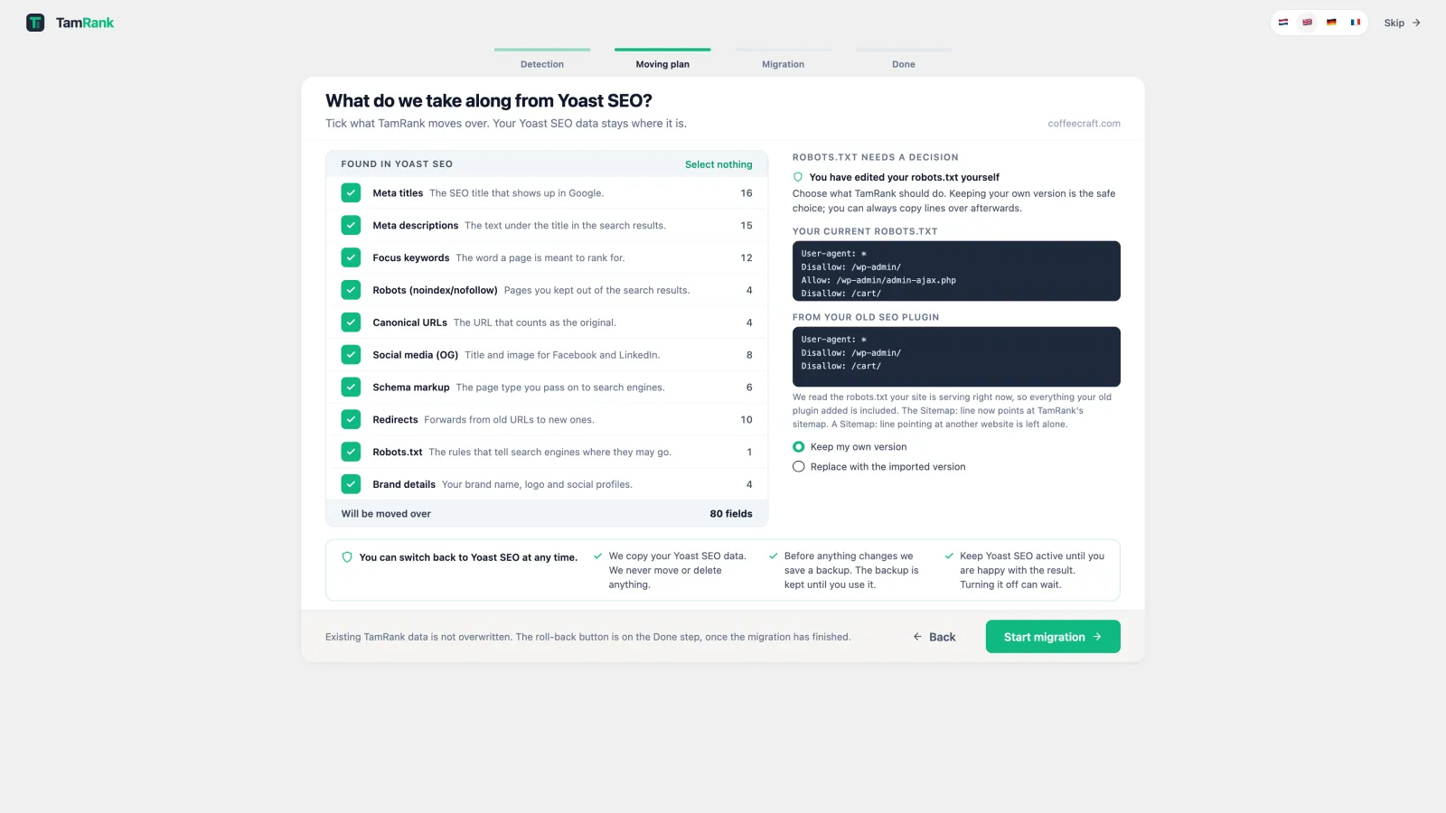 TamRank migration wizard showing an SEO data migration plan before import