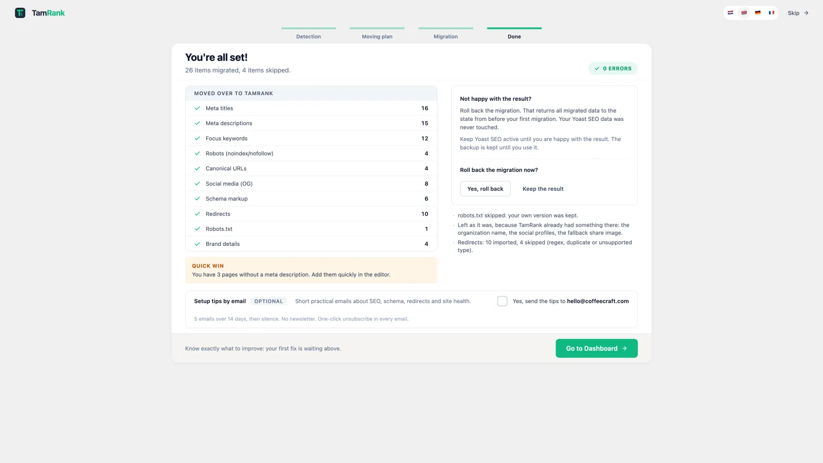 TamRank migration wizard asking for confirmation before rolling back imported SEO data
