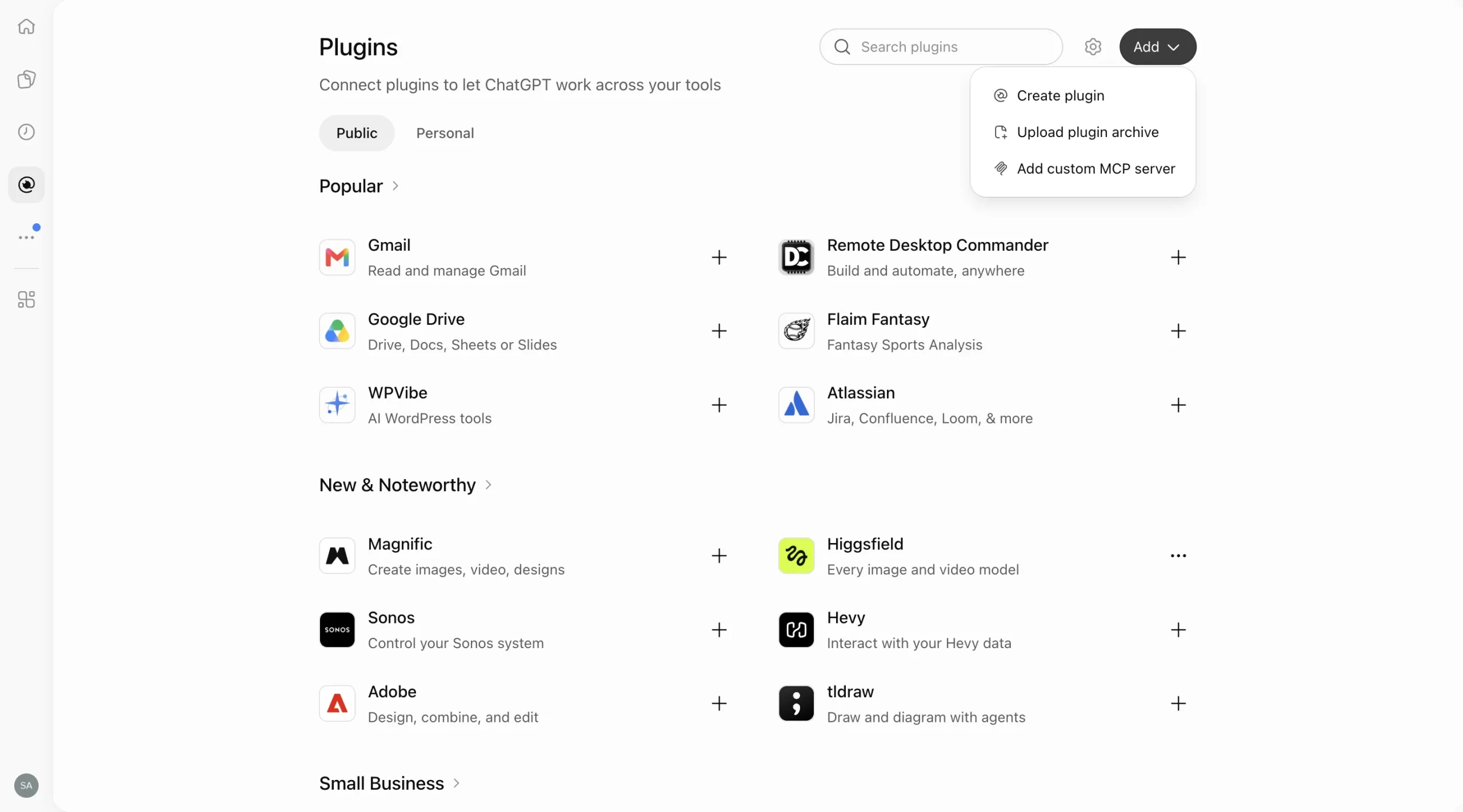 ChatGPT Plugins page with the Add menu open and Add custom MCP server shown