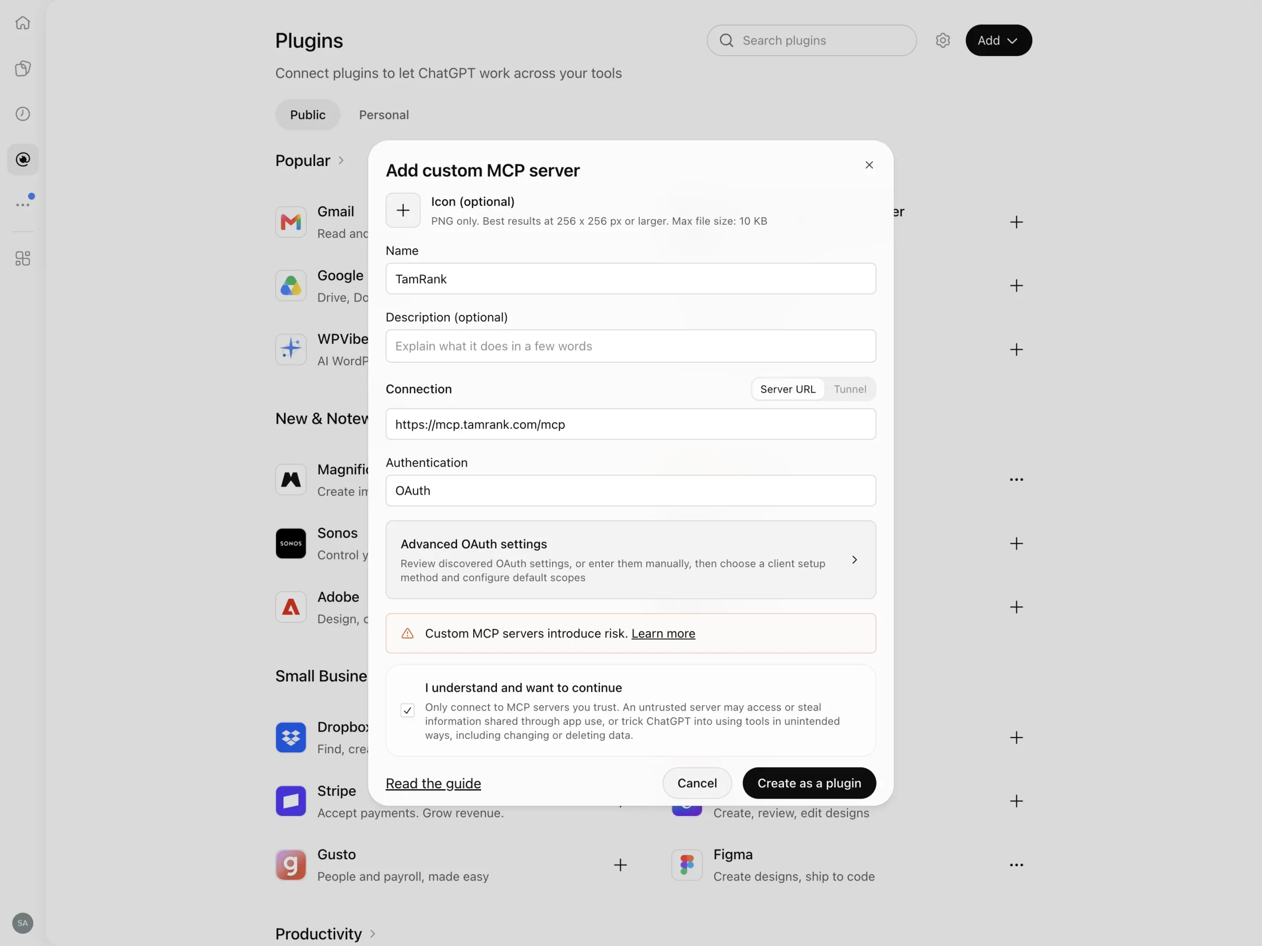 Add custom MCP server dialog in ChatGPT with the name TamRank, the server URL https://mcp.tamrank.com/mcp, OAuth and the risk checkbox ticked