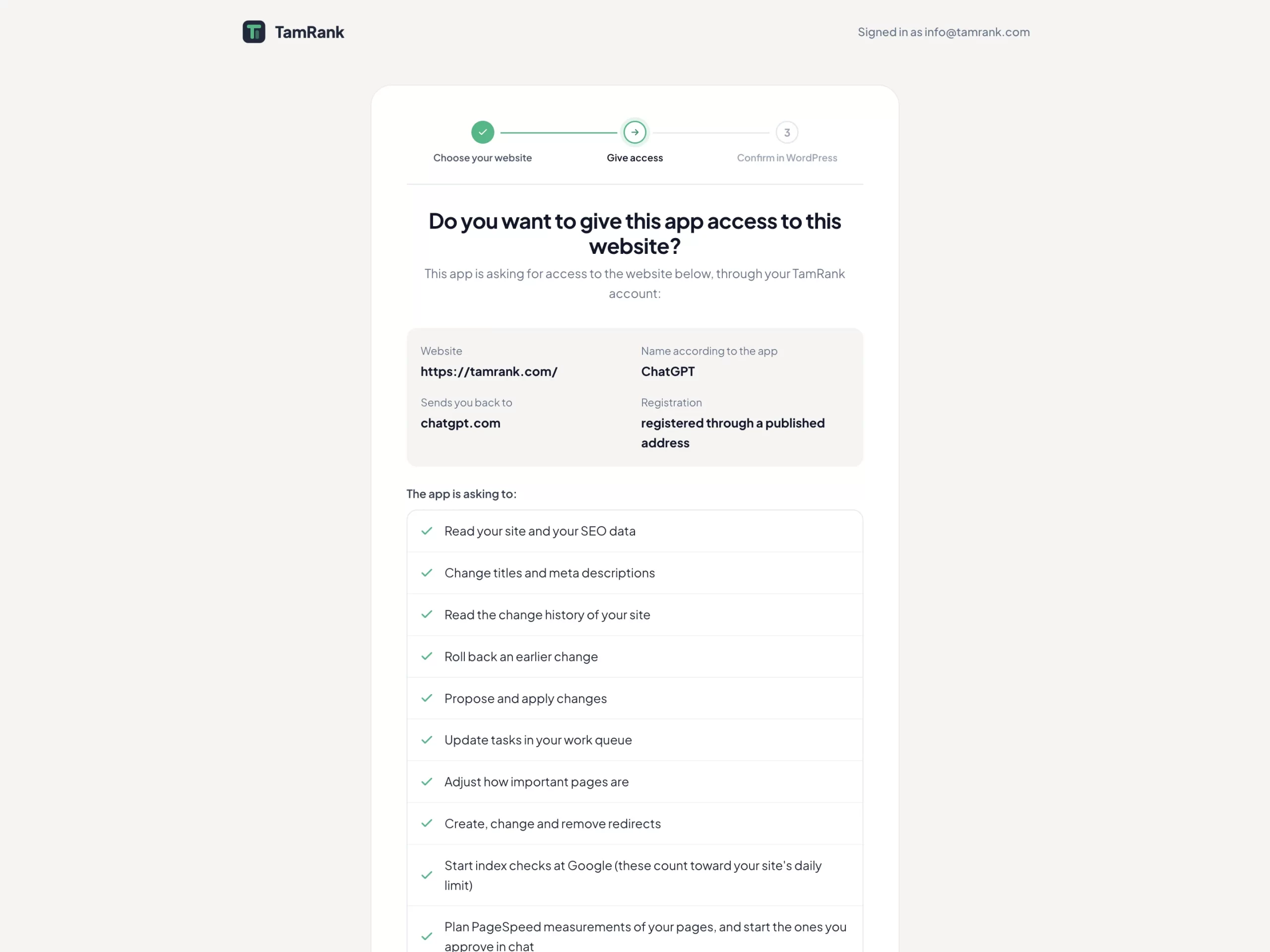 TamRank consent page showing the website, the app name ChatGPT, chatgpt.com as return address and the list of what the app asks to do