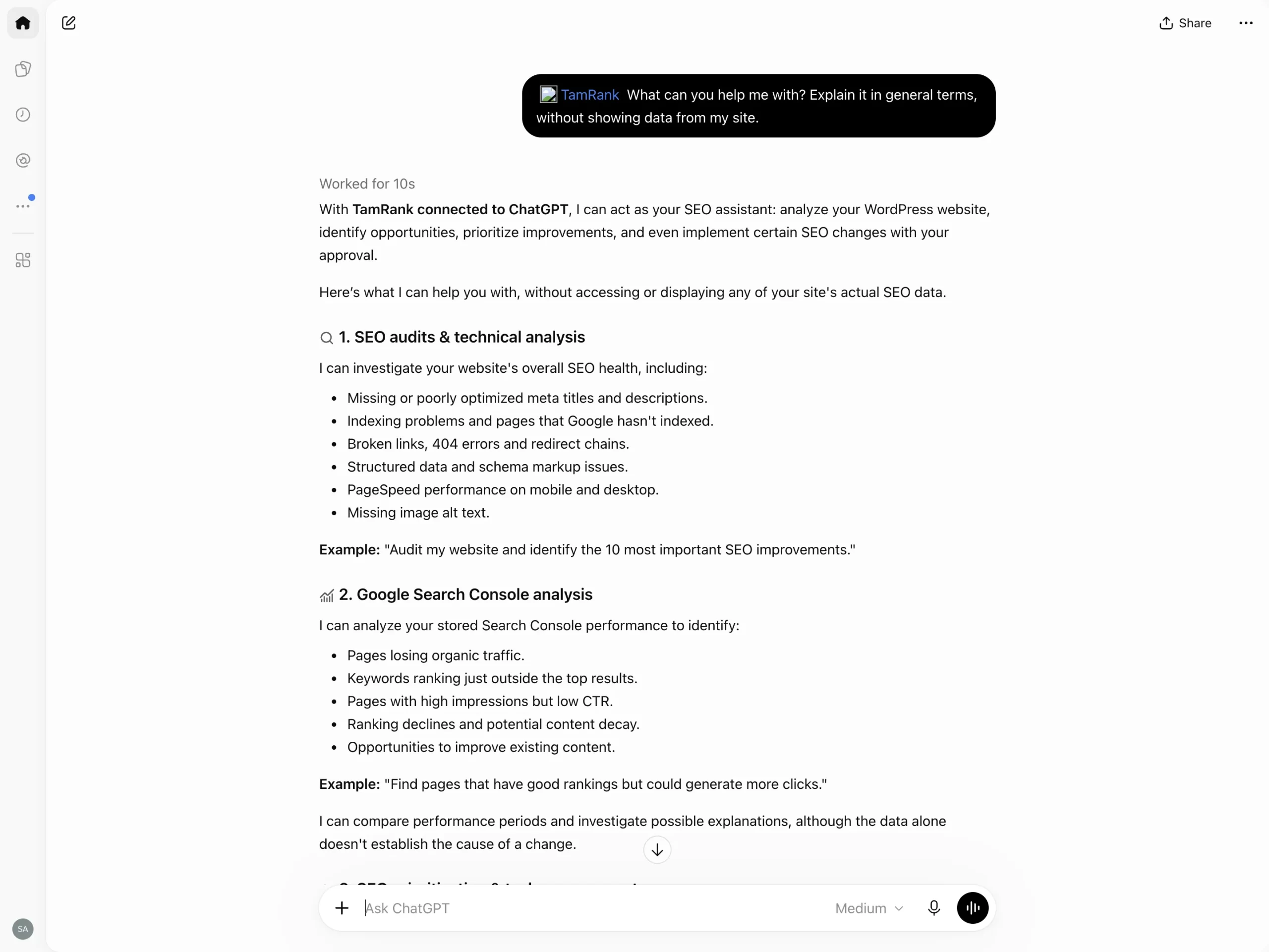 ChatGPT answering with TamRank connected, listing SEO audits and Search Console analysis it can help with