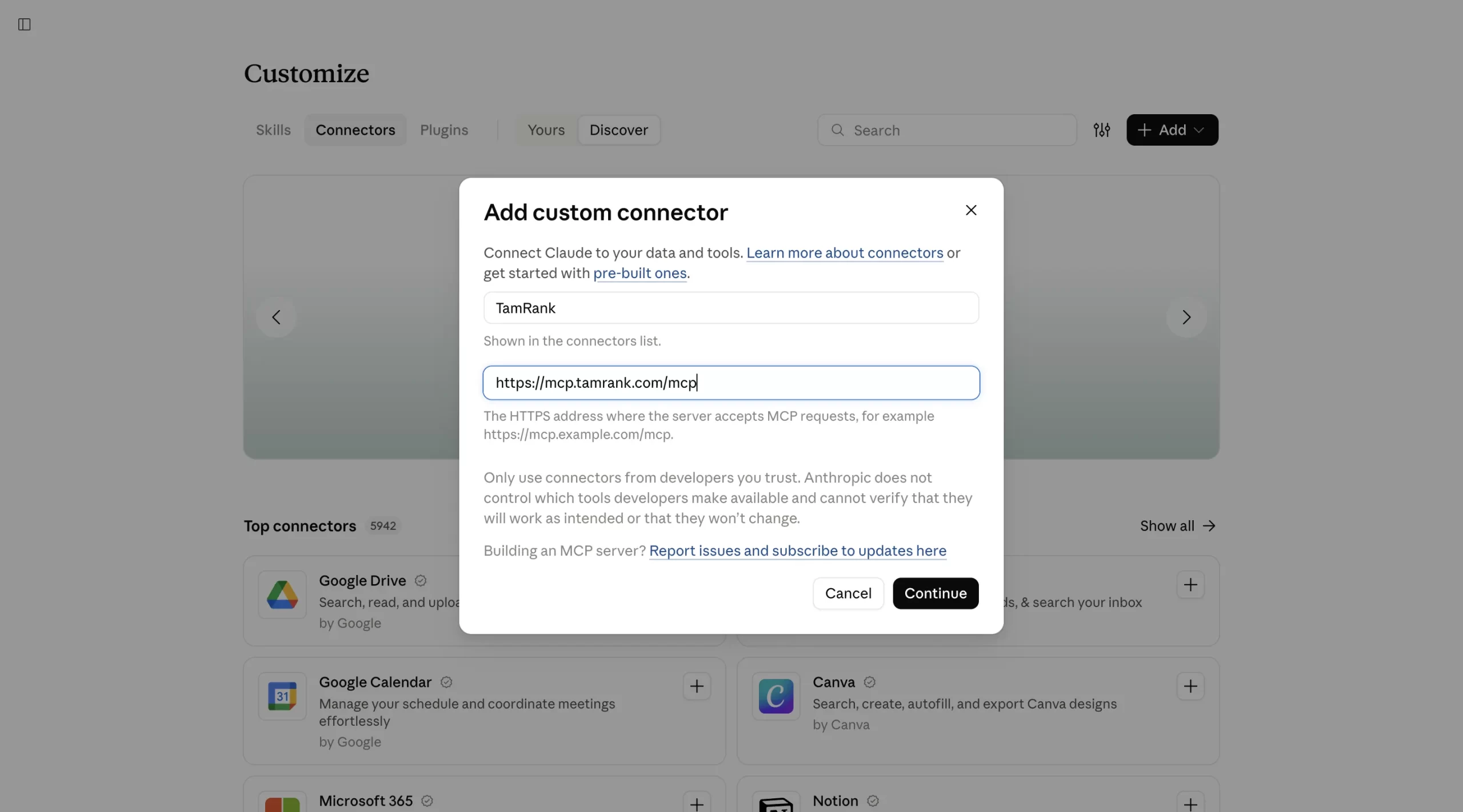 Add custom connector dialog in Claude with the name TamRank and the URL https://mcp.tamrank.com/mcp filled in