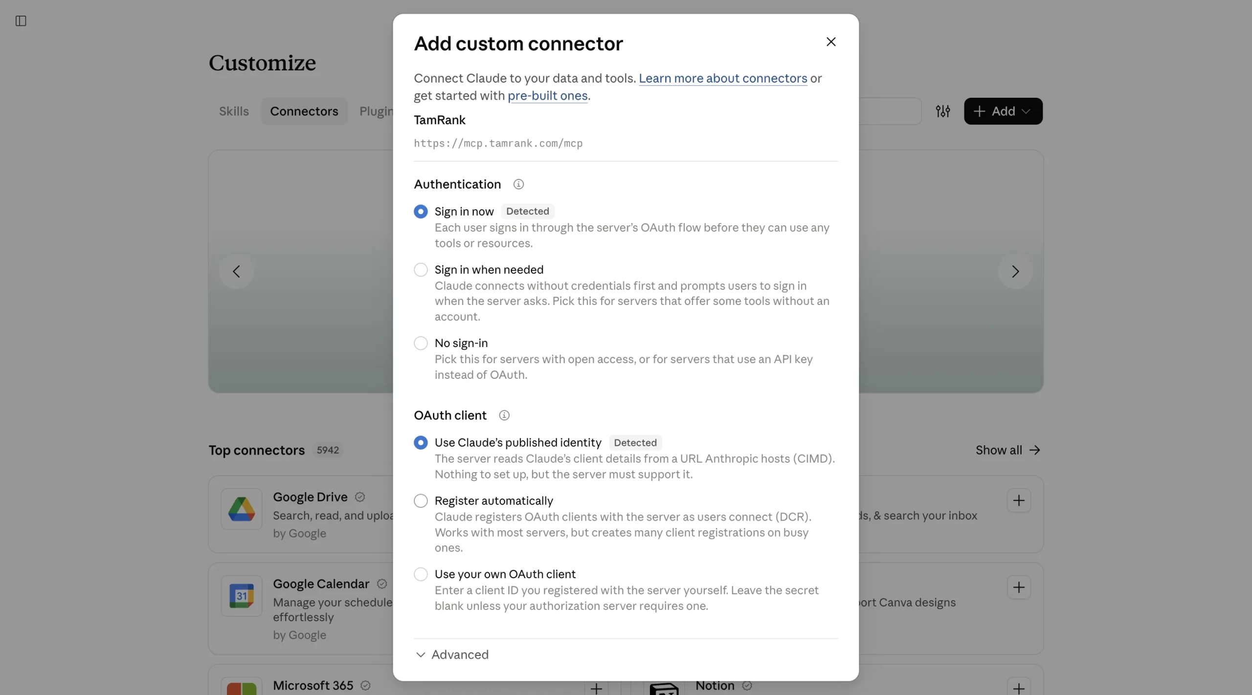 Step 2 of 2 in the Add custom connector dialog with Sign in now and Use Claude published identity selected