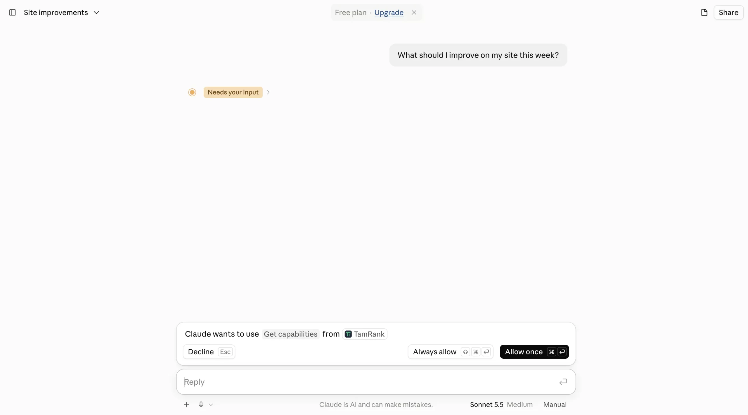 Claude asking permission to use Get capabilities from TamRank, with Decline, Always allow and Allow once
