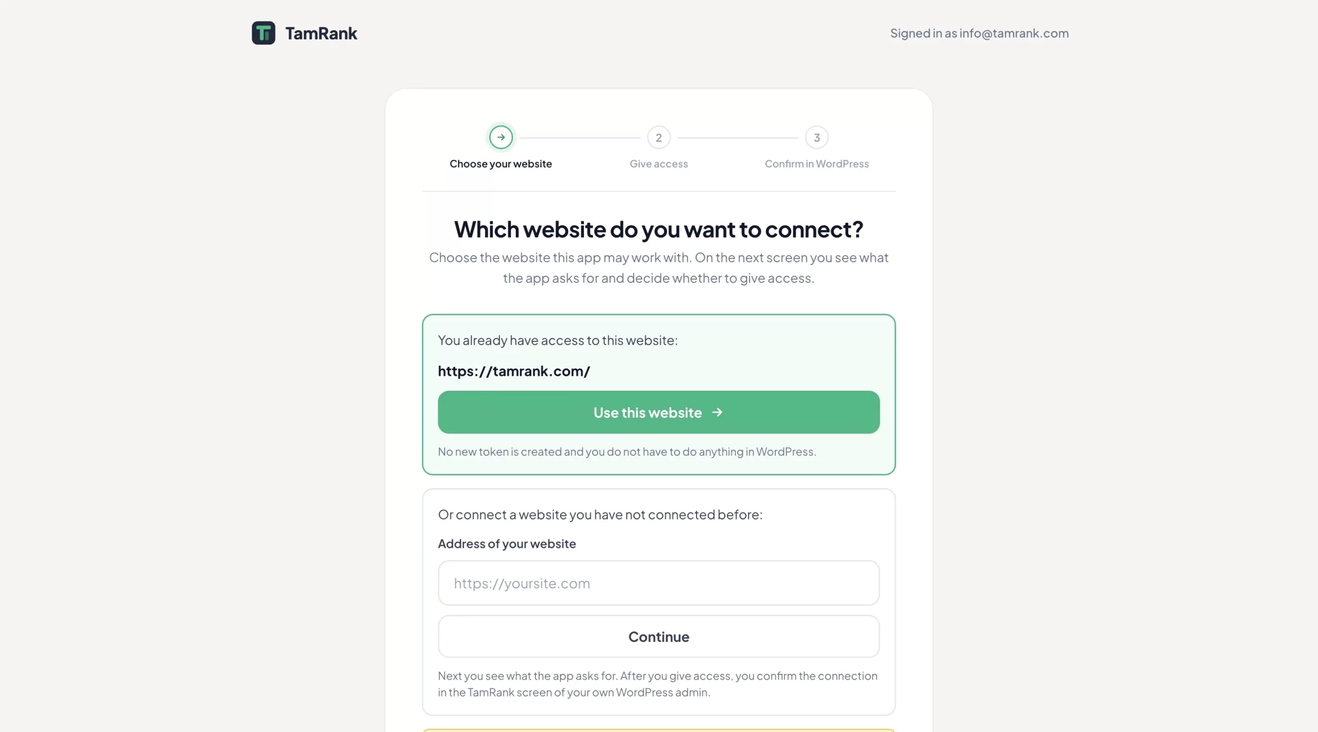 TamRank page Which website do you want to connect, with an already connected site and the Use this website button