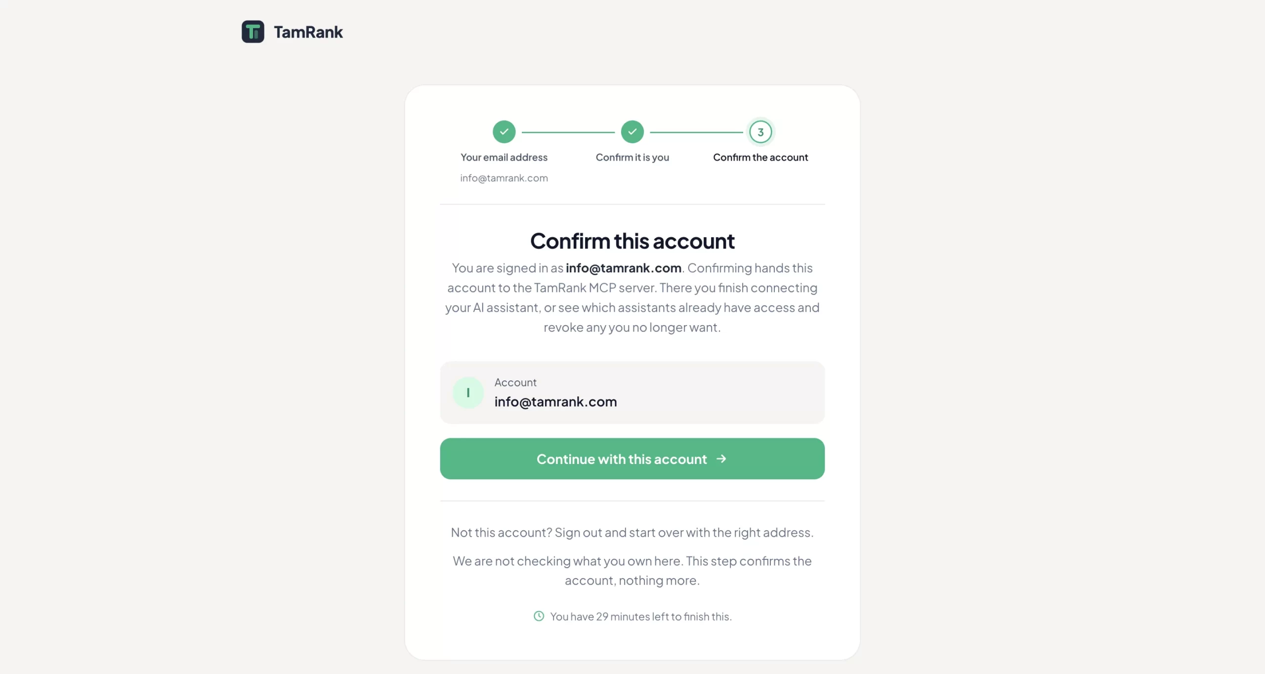TamRank page Confirm this account with the signed-in email address and the Continue with this account button