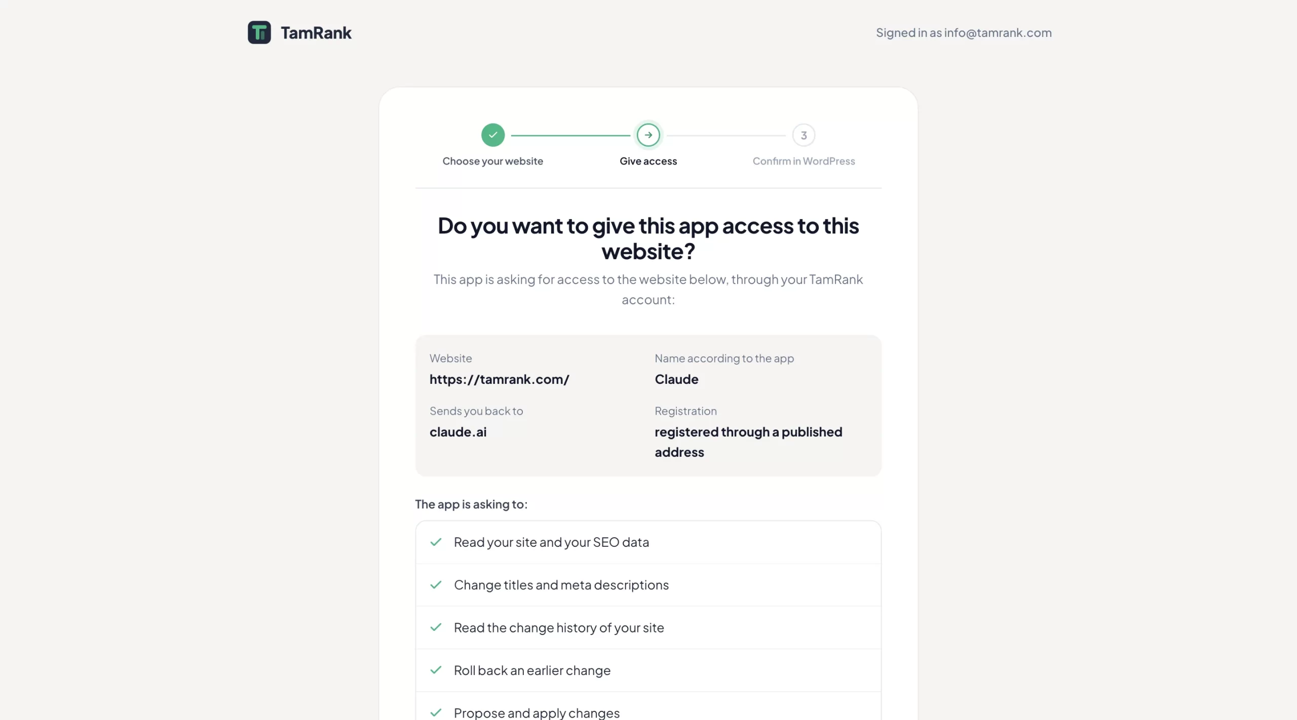 TamRank consent page showing the website, the app name Claude, claude.ai as return address and the list of what the app asks to do