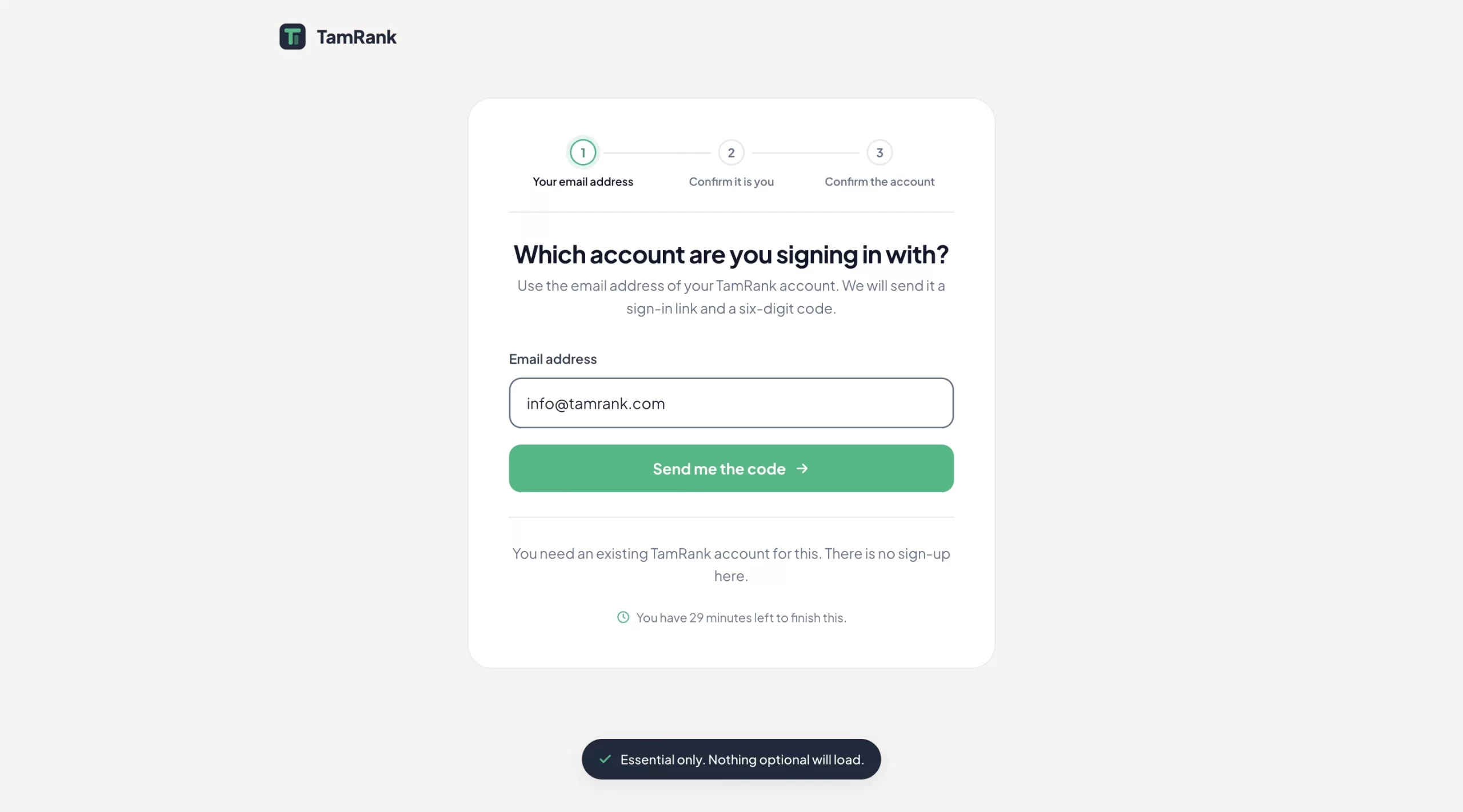 TamRank sign-in page asking Which account are you signing in with, with an email field and the Send me the code button